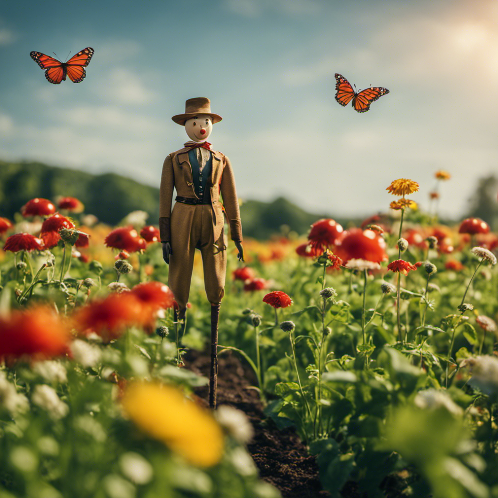 An image showcasing a picturesque farm landscape, complete with blooming flower beds and lush green fields