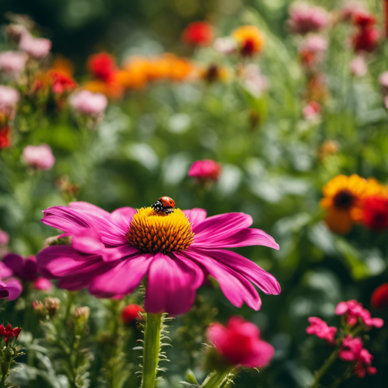 An image featuring a lush, vibrant garden landscape with a variety of colorful flowers and vegetables, surrounded by natural elements like ladybugs, praying mantises, and birds, showcasing the harmonious coexistence of plants and pest-controlling creatures