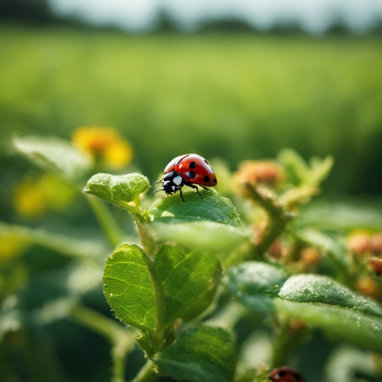 An image showcasing a lush, pesticide-free green farm, with ladybugs diligently preying on aphids, birds nesting in trees, and a scarecrow standing tall, protecting the crops from pests