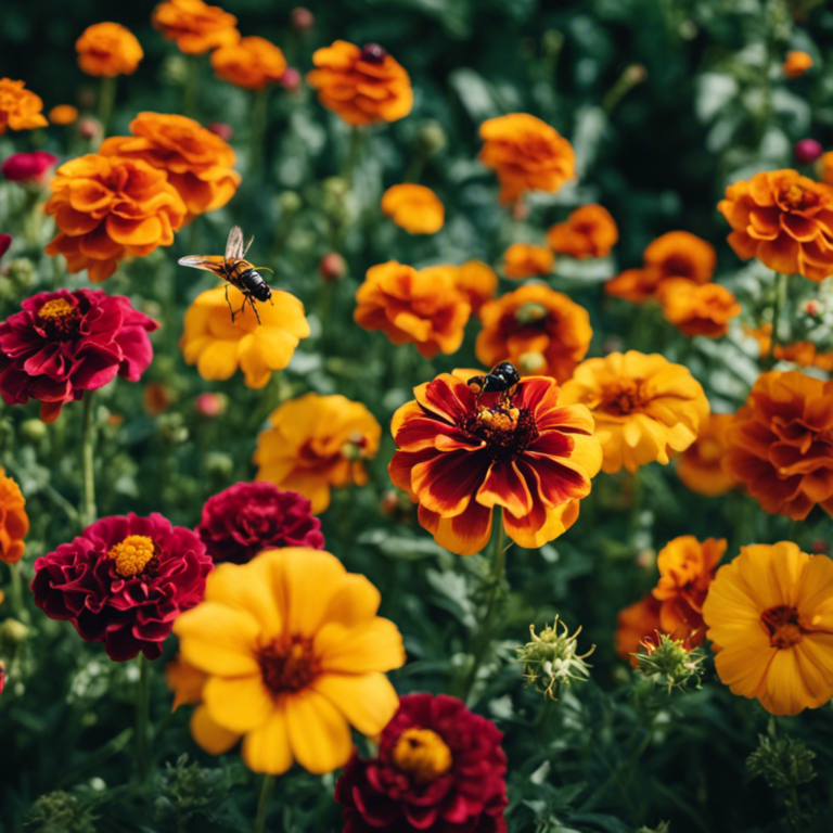 An image of a lush, thriving garden filled with vibrant flowers and bountiful vegetables, while vicious-looking insects cower in fear, surrounded by natural deterrents like marigolds, garlic, and ladybugs