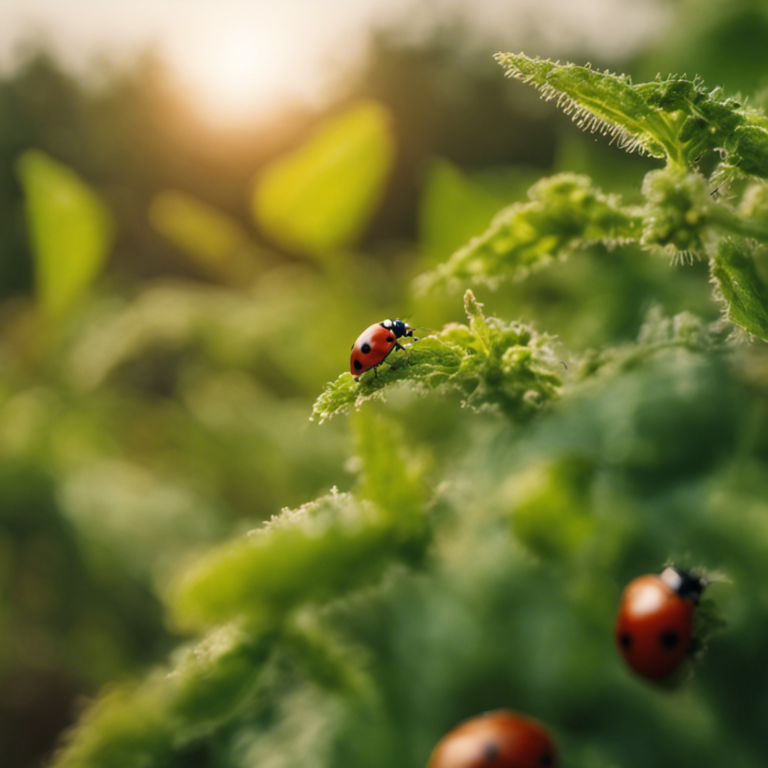 An image featuring a lush, biodiverse farm landscape with ladybugs delicately perched on plants, predatory birds swooping down to catch pests, and farmers practicing integrated pest management techniques like crop rotation and companion planting