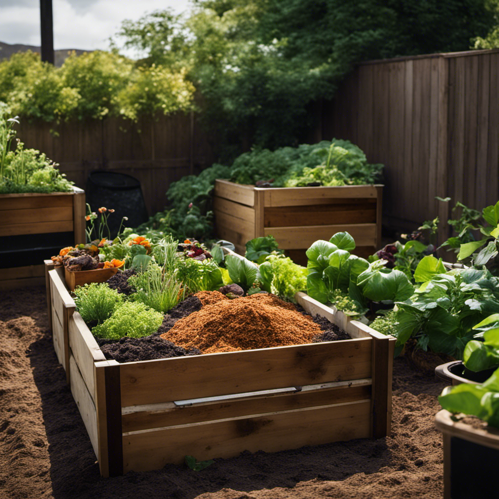 An image showcasing a lush garden bed layered with nutrient-rich kitchen scraps and garden waste, surrounded by a rustic compost bin