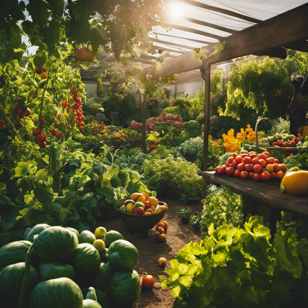 An image of a lush, vibrant backyard garden bursting with colorful fruits and vegetables