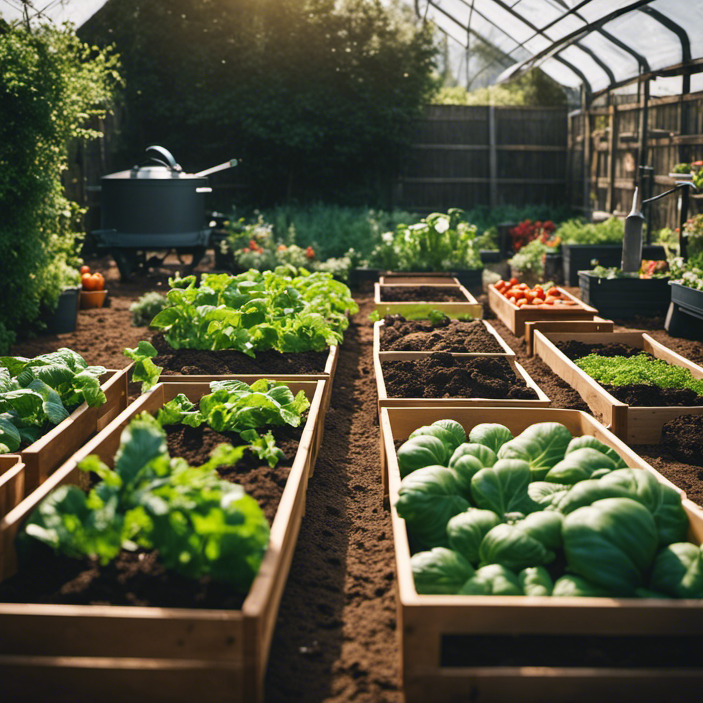 An image showcasing a picturesque garden with neatly arranged rows of thriving organic vegetables, surrounded by a highly efficient composting system