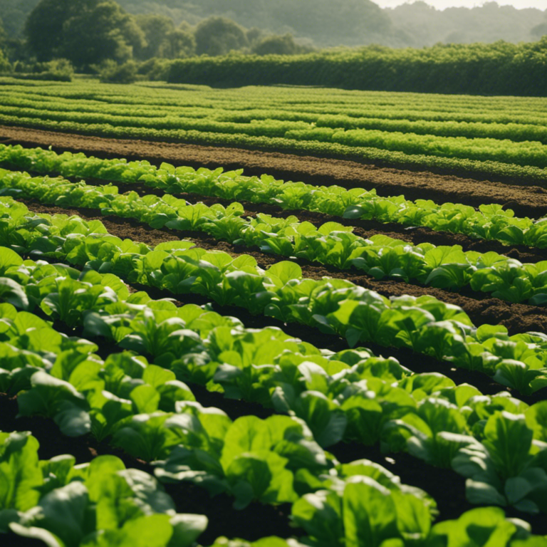 An image of a lush green field with rows of crops surrounded by compost piles, showcasing the integration of vermiculture, bokashi, and anaerobic digestion techniques in organic farming