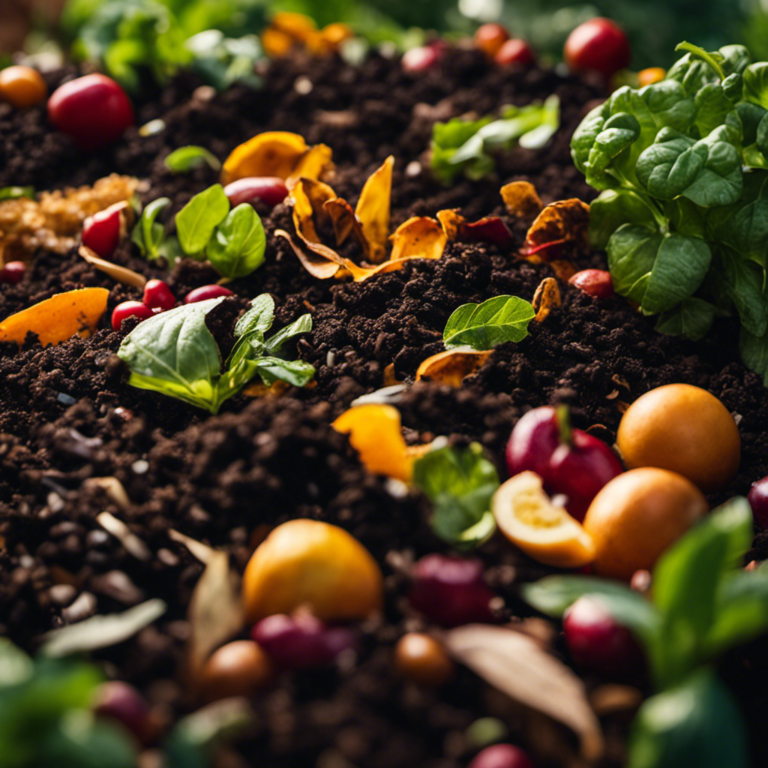 An image showcasing a lush garden bed with a diverse array of organic composting materials, such as fruit peels, vegetable scraps, coffee grounds, and shredded leaves, being added to enrich the soil