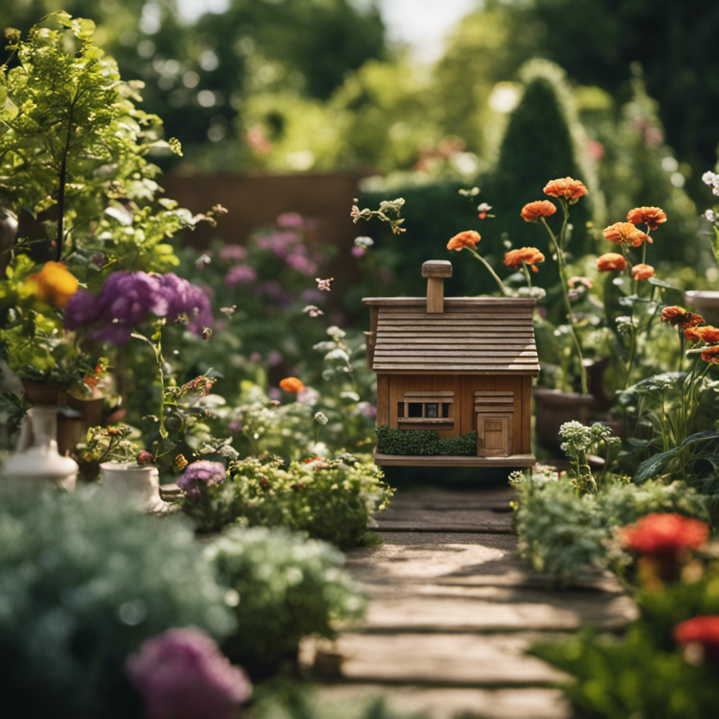 An image of a serene garden scene evolving through time, starting with a gardener planting organic seeds, followed by natural pest control methods like companion planting, birdhouses, and insect hotels, culminating in a flourishing, vibrant garden ecosystem