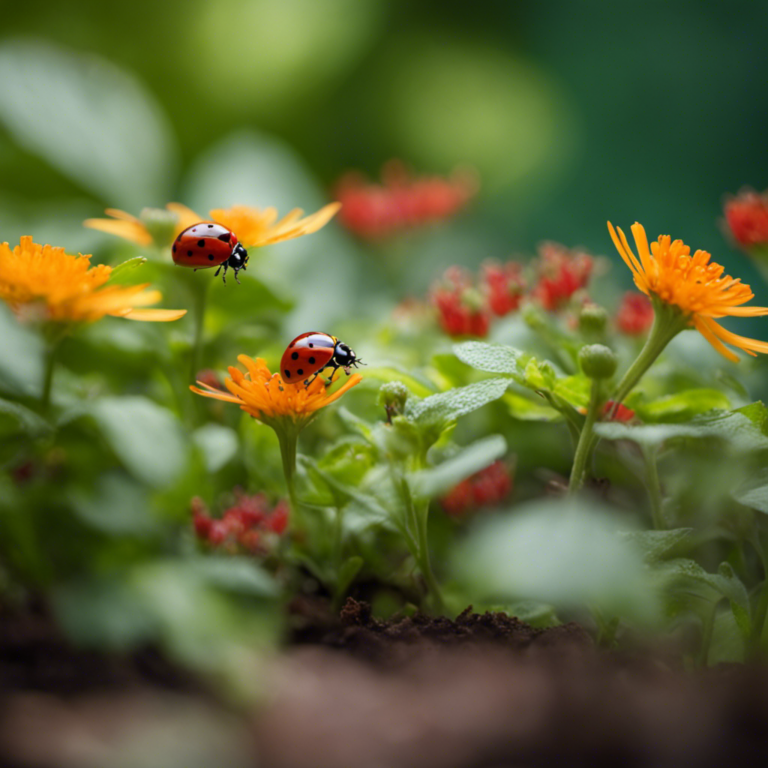 An image capturing the essence of a thriving eco-friendly garden, with luscious green plants, vibrant flowers, and delicate ladybugs gracefully perched on leaves, showcasing a harmonious balance and pest-free environment