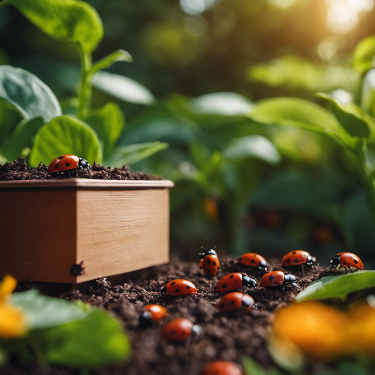 An image showcasing a lush garden with ladybugs delicately perched on vibrant leaves, while natural predators like birds and frogs patrol nearby