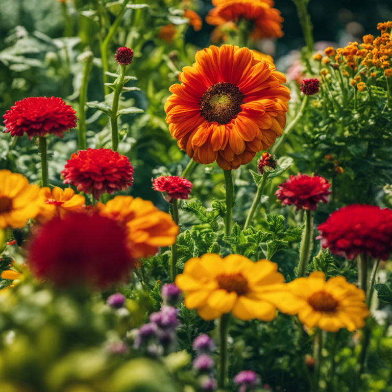 An image depicting a flourishing edible garden surrounded by vibrant flowers, fruits, and vegetables, while natural pest deterrents like ladybugs, marigolds, and companion plants protect the crops, showcasing the effectiveness of chemical-free pest repellents