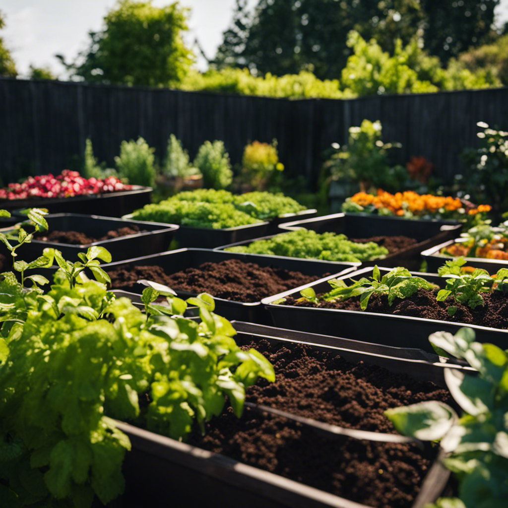 An image showcasing a lush organic garden with neatly arranged composting systems