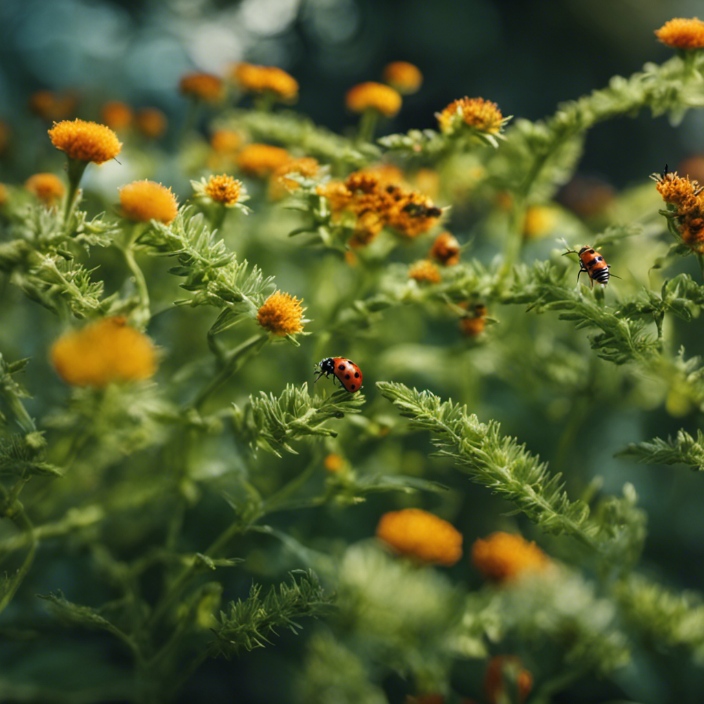 An image capturing a lush herb garden surrounded by a diverse array of insects