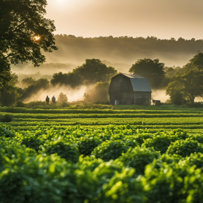 An image showcasing a lush and vibrant farm scene, with farmers using eco-friendly methods like crop rotation, beneficial insects, and natural pesticides, emphasizing sustainable practices for green pest control in farming