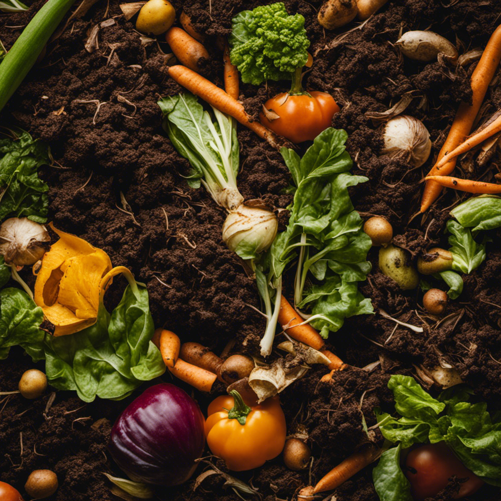 An image showcasing a diverse range of organic vegetable scraps, leaves, and yard waste meticulously layered in a compost bin, depicting the process of maximizing composting efficiency for thriving organic veggies