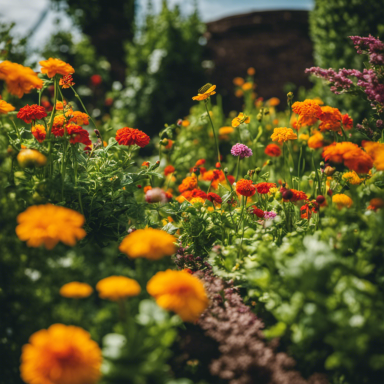 An image of a lush garden with vibrant, blooming flowers and vegetables, surrounded by a protective barrier of natural pest deterrents like ladybugs, praying mantises, and marigolds