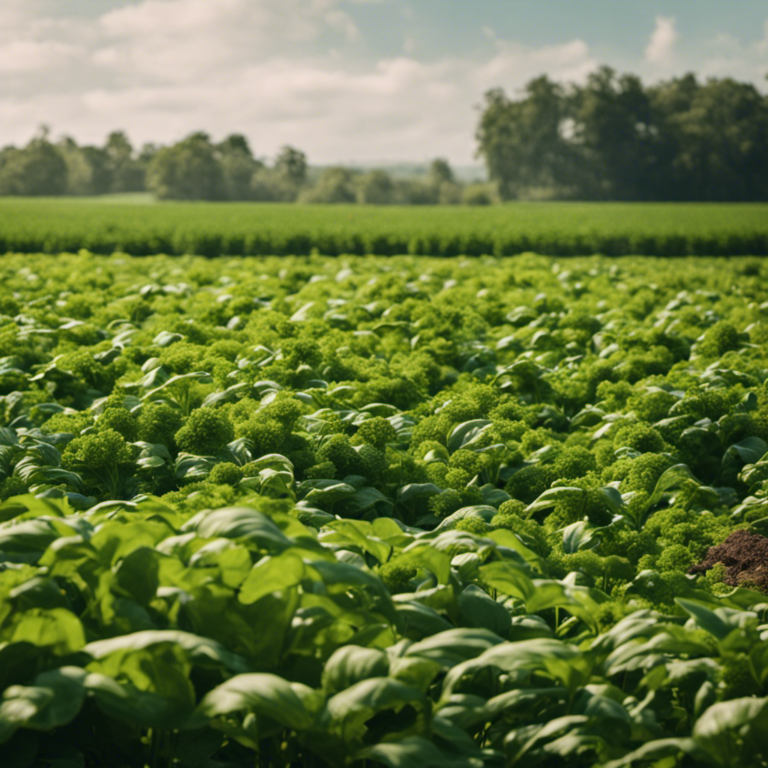 An image capturing lush green fields of thriving crops, with a compost pile at the center