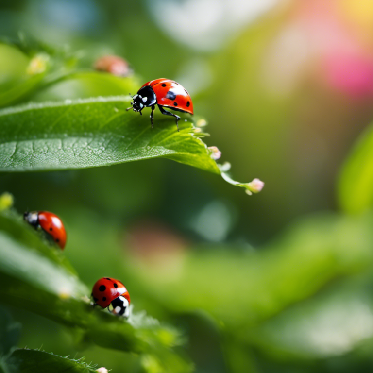 An image showcasing a lush, vibrant garden with ladybugs delicately perched on leaves, butterflies gracefully fluttering between flowers, and a small water feature attracting frogs - a perfect example of eco-friendly pest control