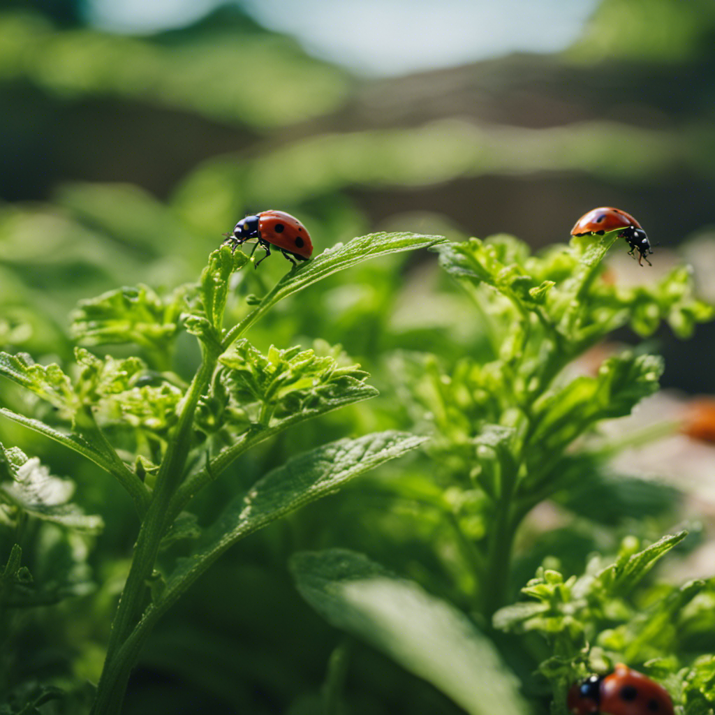 An image showcasing a lush, thriving herb garden surrounded by an organic pest control fortress