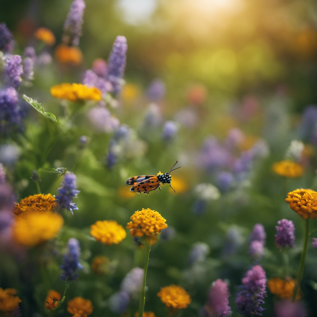 An image showcasing a vibrant herb garden teeming with beneficial insects like ladybugs, lacewings, and hoverflies, busy pollinating and controlling pests, while colorful butterflies flutter among the fragrant herbs