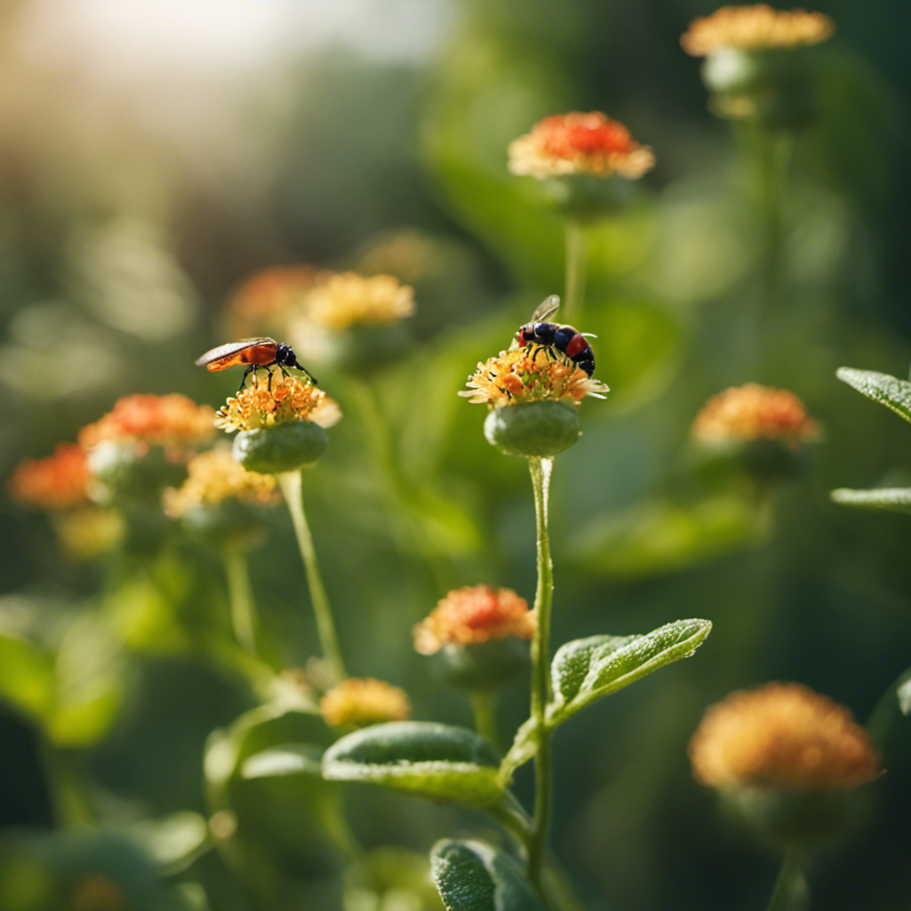 An image showcasing a lush and thriving garden teeming with diverse plant life, while beneficial insects like ladybugs, lacewings, and bees hover above, ensuring natural pest control