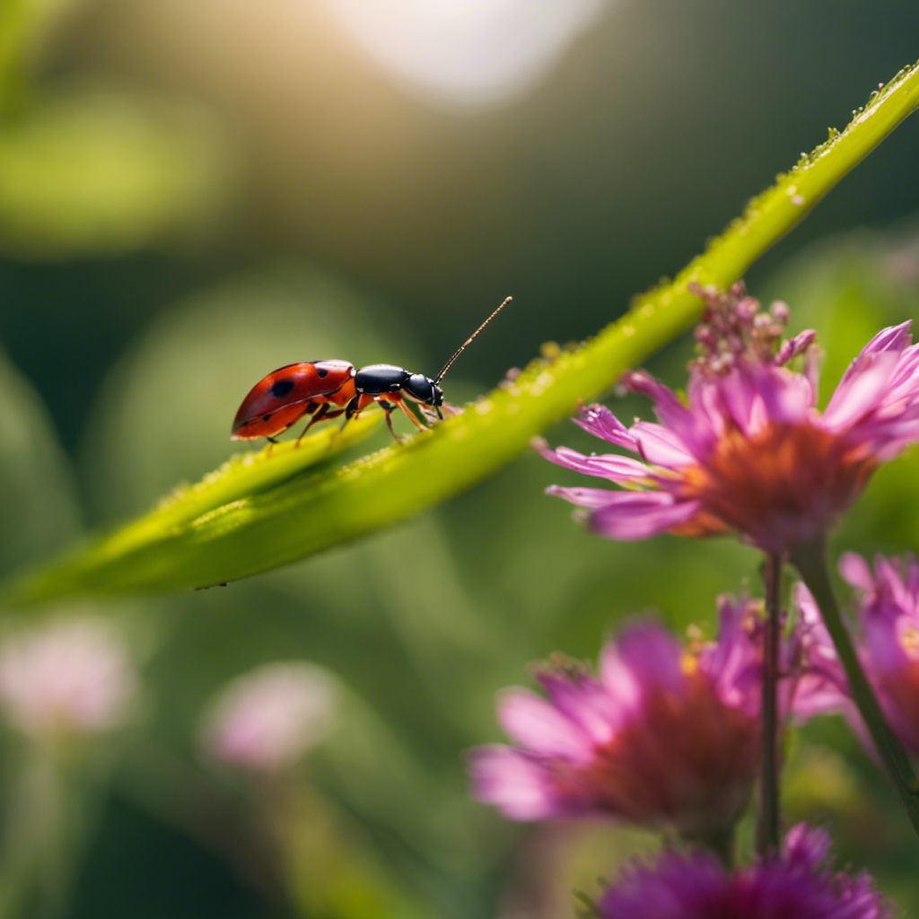 An image showcasing a vibrant home garden with ladybugs delicately perched on blooming flowers, while lacewings hover nearby