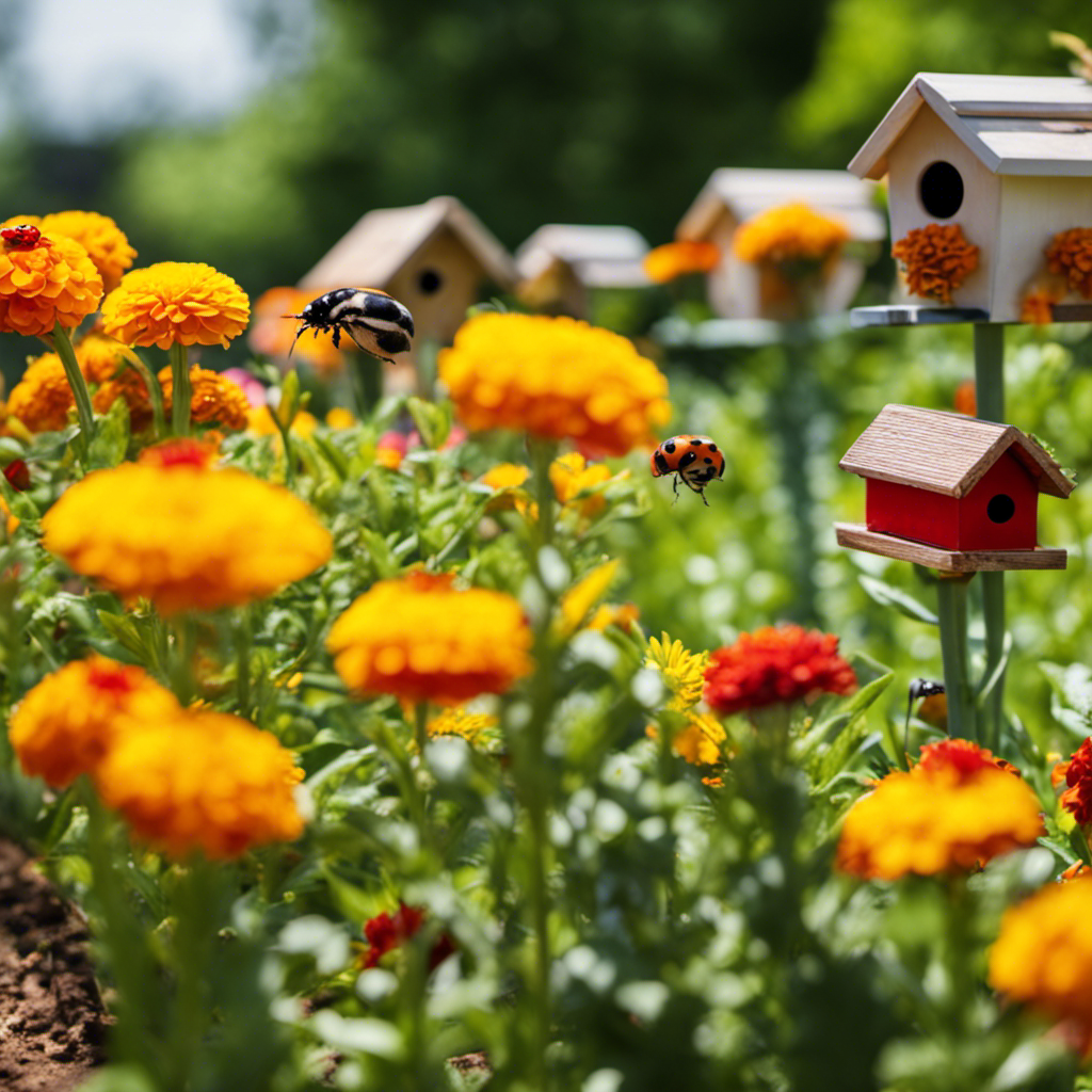 An image capturing a lush garden surrounded by strategically placed birdhouses, ladybugs crawling on vibrant flowers, and a thriving vegetable patch protected by a row of marigolds, showcasing natural tactics for pest control and healthy plant growth