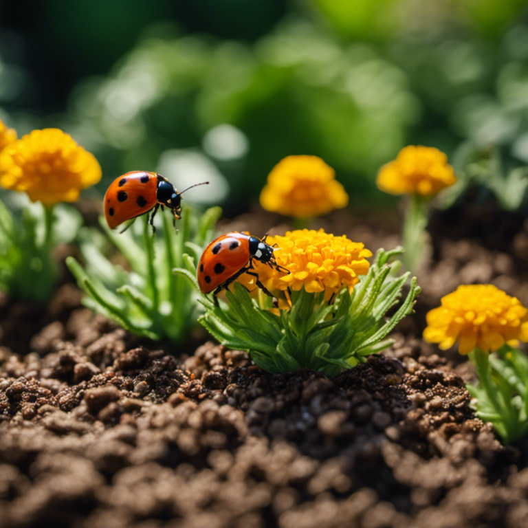 An image showcasing a lush, vibrant vegetable garden surrounded by a diverse array of natural pest deterrents such as ladybugs, praying mantises, and marigold flowers, harmoniously protecting the crops