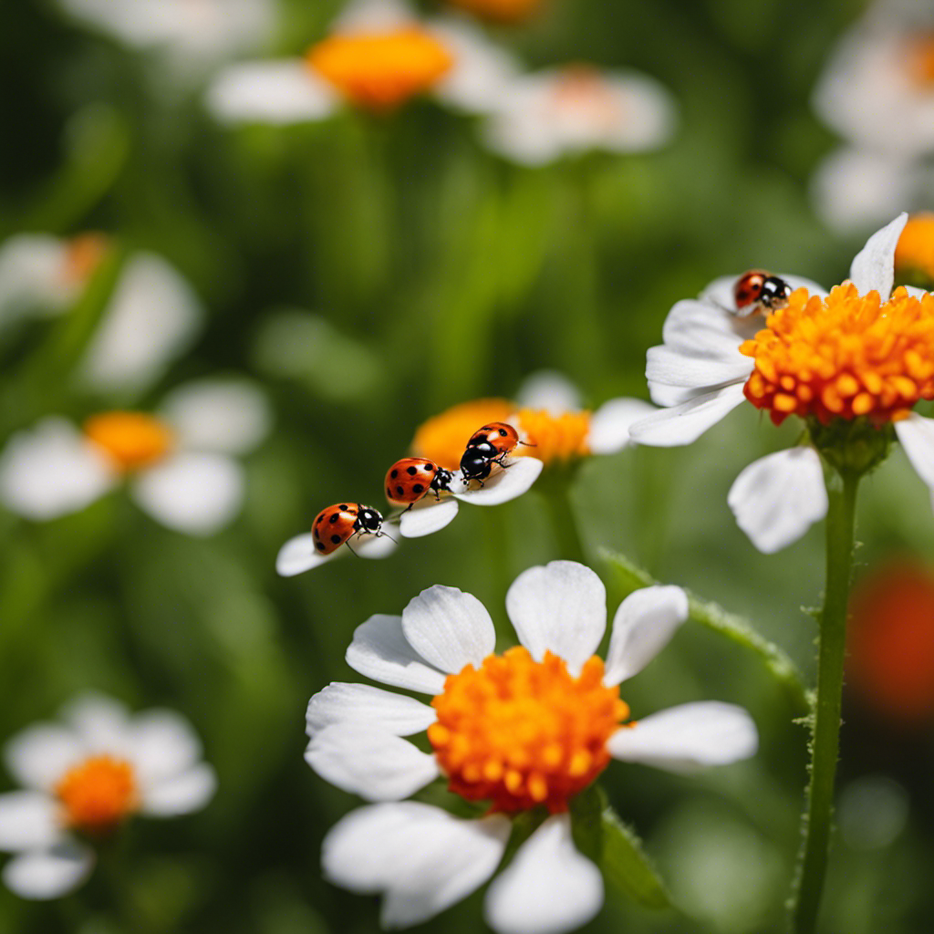 An image showcasing a lush organic garden, teeming with ladybugs and lacewings feasting on aphids, while companion plants like marigolds and basil deter pests