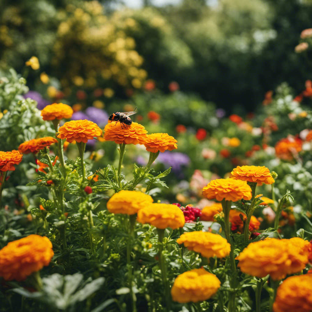 An image depicting a lush garden, teeming with vibrant flowers and healthy vegetables, surrounded by natural pest deterrents like marigolds, ladybugs, and bird feeders, showcasing nine different methods for pest control