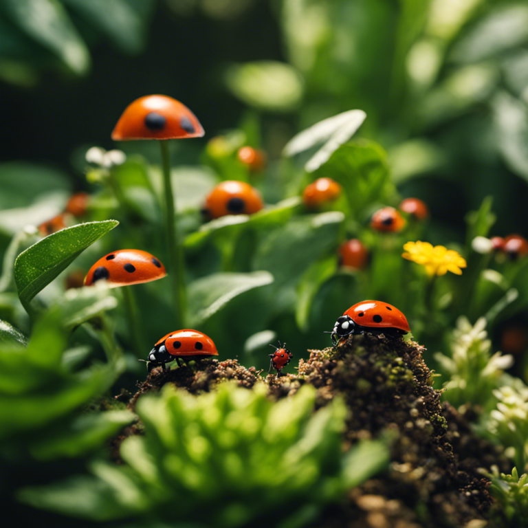 An image showcasing a lush, thriving garden with strategically placed companion plants, natural barriers like crushed eggshells, and ladybugs diligently devouring pests, illustrating the effectiveness of organic pest control methods