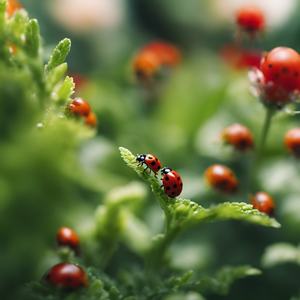 An image capturing a lush herb garden surrounded by ladybugs, releasing their vibrant red and black wings as they devour pesky aphids