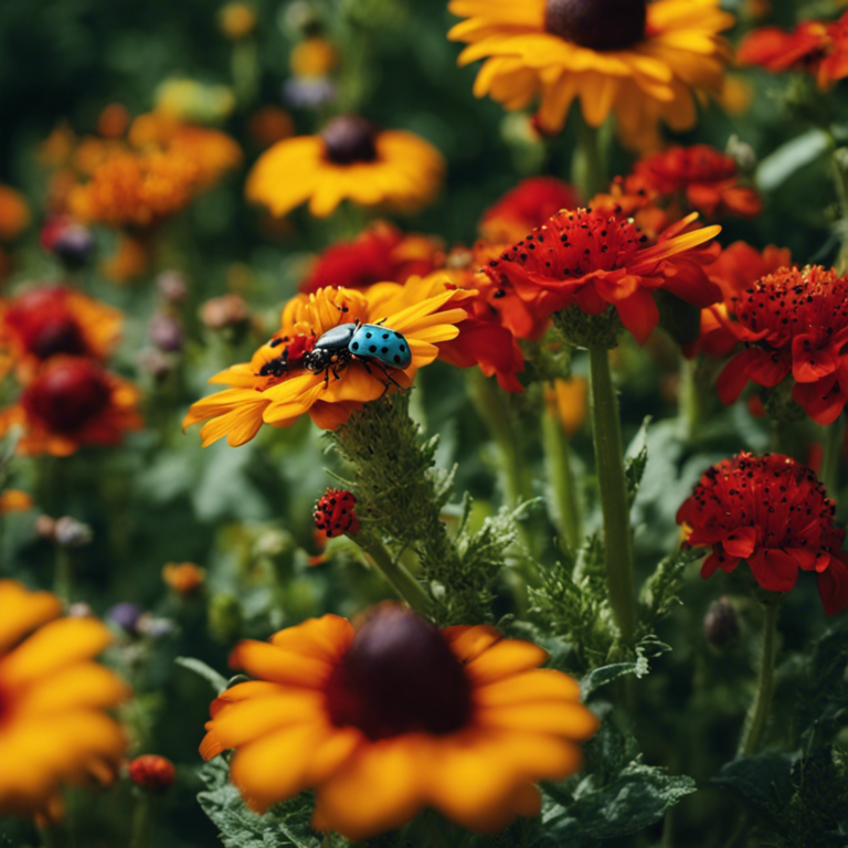 An image featuring a lush garden bursting with vibrantly colored flowers and vegetables, surrounded by strategically placed ladybugs, spiders, and praying mantises, showcasing organic techniques for natural pest control