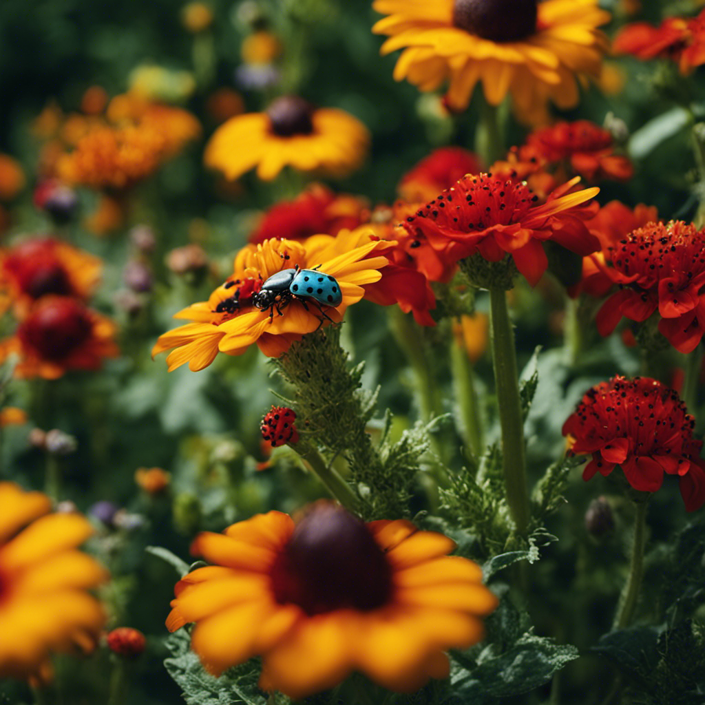 An image featuring a lush garden bursting with vibrantly colored flowers and vegetables, surrounded by strategically placed ladybugs, spiders, and praying mantises, showcasing organic techniques for natural pest control