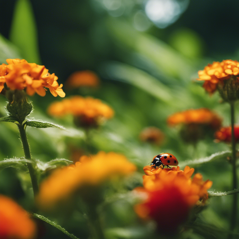 An image showcasing a lush garden with ladybugs crawling on vibrant flowers, while organic neem oil spray and homemade compost lay nearby