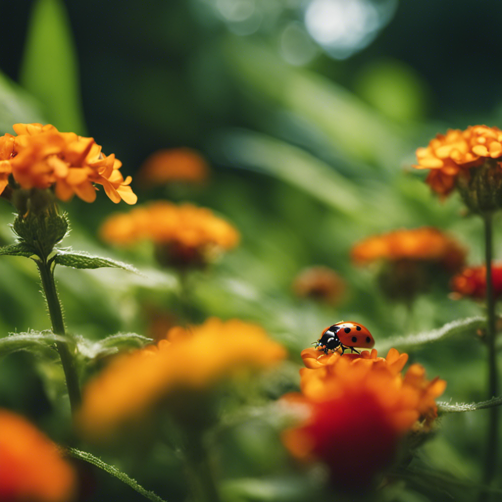 An image showcasing a lush garden with ladybugs crawling on vibrant flowers, while organic neem oil spray and homemade compost lay nearby