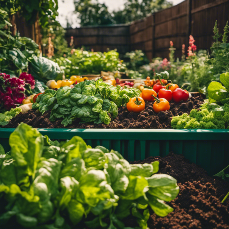 An image showcasing a vibrant garden bed, bursting with lush organic produce, surrounded by a composting bin brimming with nutrient-rich materials