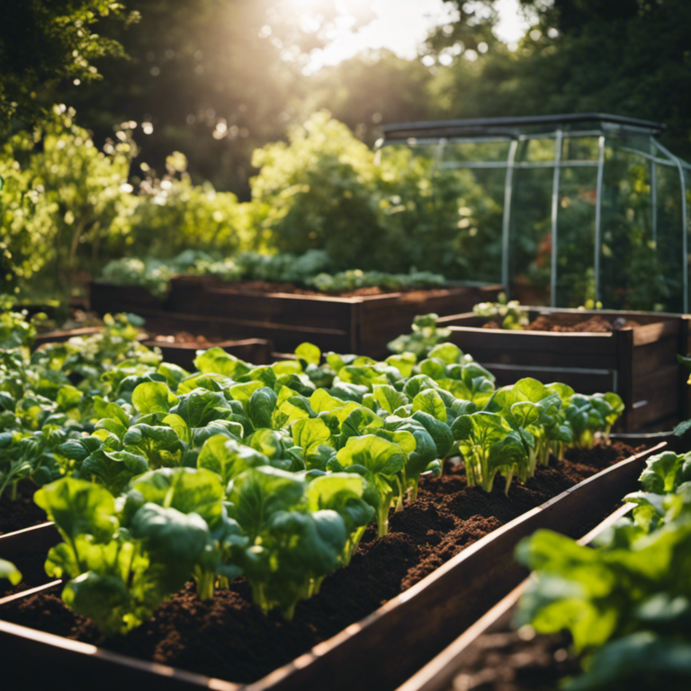 An image showcasing a lush, thriving vegetable garden surrounded by an innovative composting system