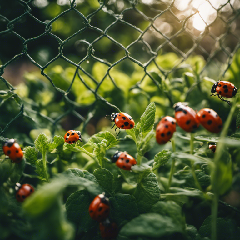 An image showcasing a lush, thriving edible garden encircled by a sturdy fence with a taut mesh, while strategically placed organic pest deterrents like ladybugs, netting, and companion plants stand guard against potential threats