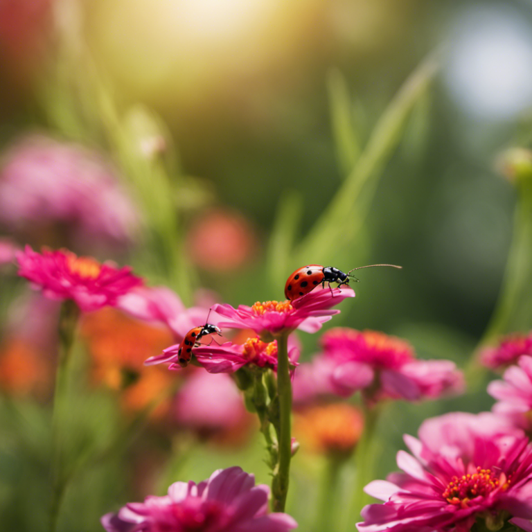 An image depicting a serene garden scene, with ladybugs delicately perched on vibrant flowers, while a friendly praying mantis stands guard nearby, showcasing eco-friendly pest control methods in action