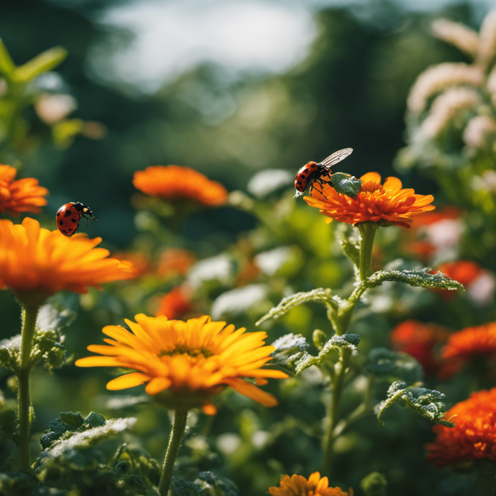 An image showcasing a lush, thriving garden teeming with vibrant flowers and verdant vegetables, while ladybugs delicately perch on leaves, spiders weave intricate webs, and birds flutter amidst the branches