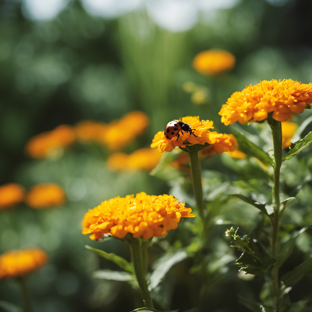 An image showcasing a lush garden with various eco-friendly pest control methods in action: ladybugs feasting on aphids, marigold flowers repelling pests, neem oil spray, diatomaceous earth sprinkled around plants, birdhouses attracting insect-eating birds, and a homemade vinegar spray