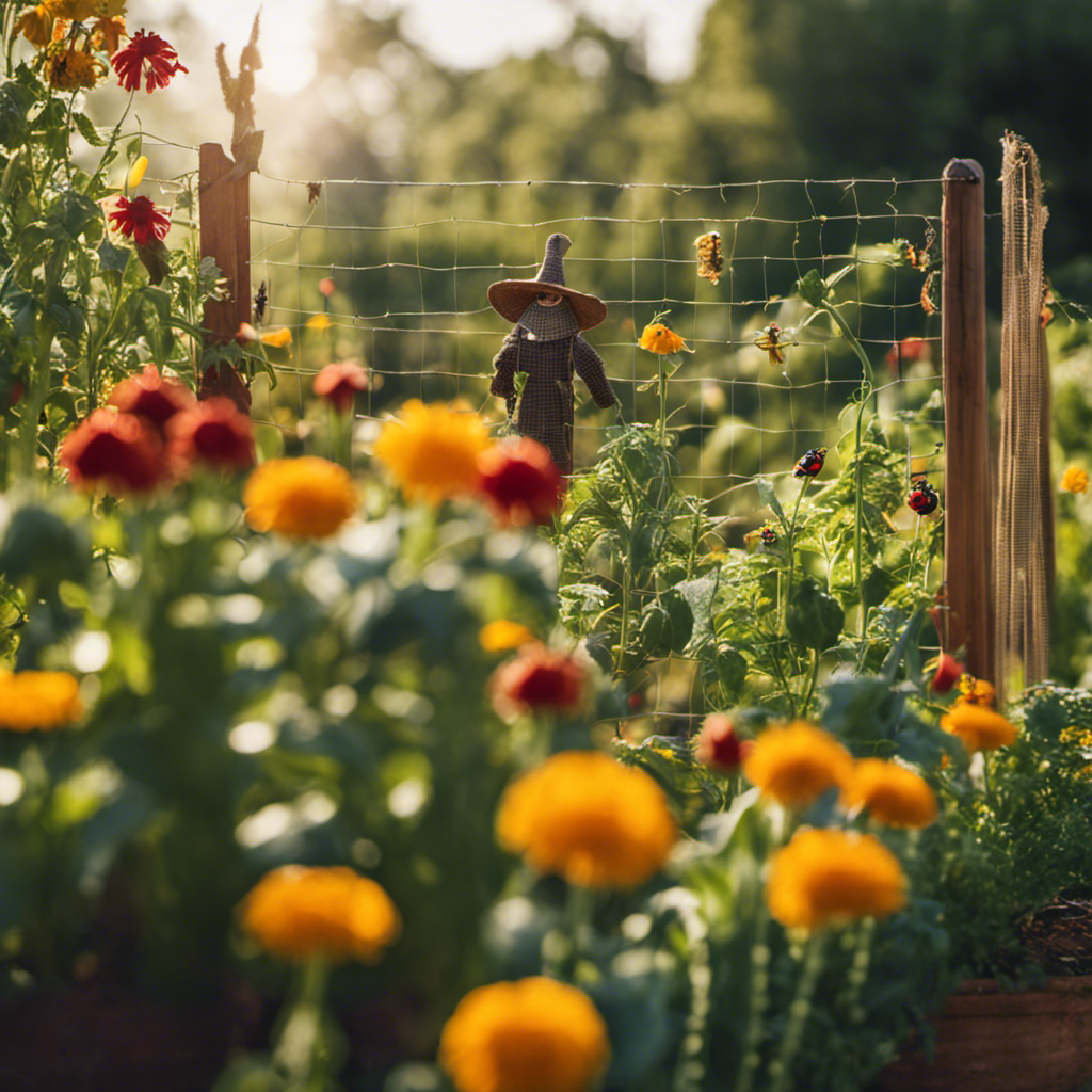 An image showcasing a lush, thriving vegetable garden enclosed by a sturdy mesh fence, with natural pest deterrents such as ladybugs and marigold flowers surrounding it, while a solar-powered scarecrow stands tall, protecting the bountiful harvest