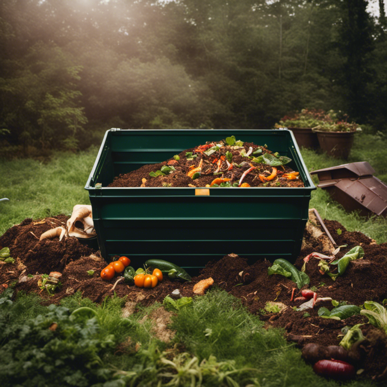 An image showcasing a variety of organic composting techniques: a compost bin filled with vegetable scraps, a worm bin with red wriggler worms, a compost tumbler, a compost pile with layers of leaves, grass clippings, and kitchen waste, and a vermicomposting setup with a stack of trays and composting worms