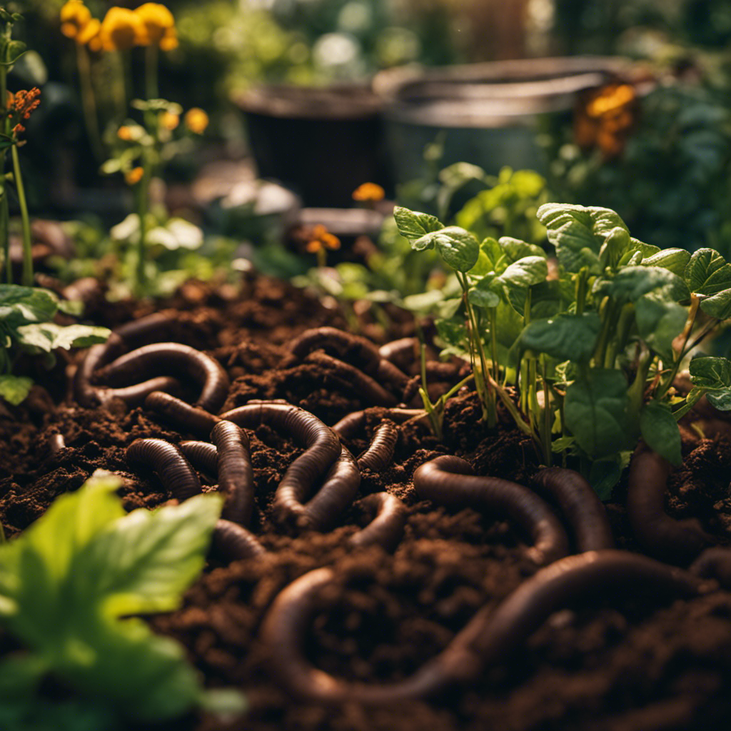 An image showcasing a lush, thriving garden with compost bins in various stages of decomposition, surrounded by earthworms busily breaking down organic matter, emitting vivid hues of green, brown, and rich, fertile soil