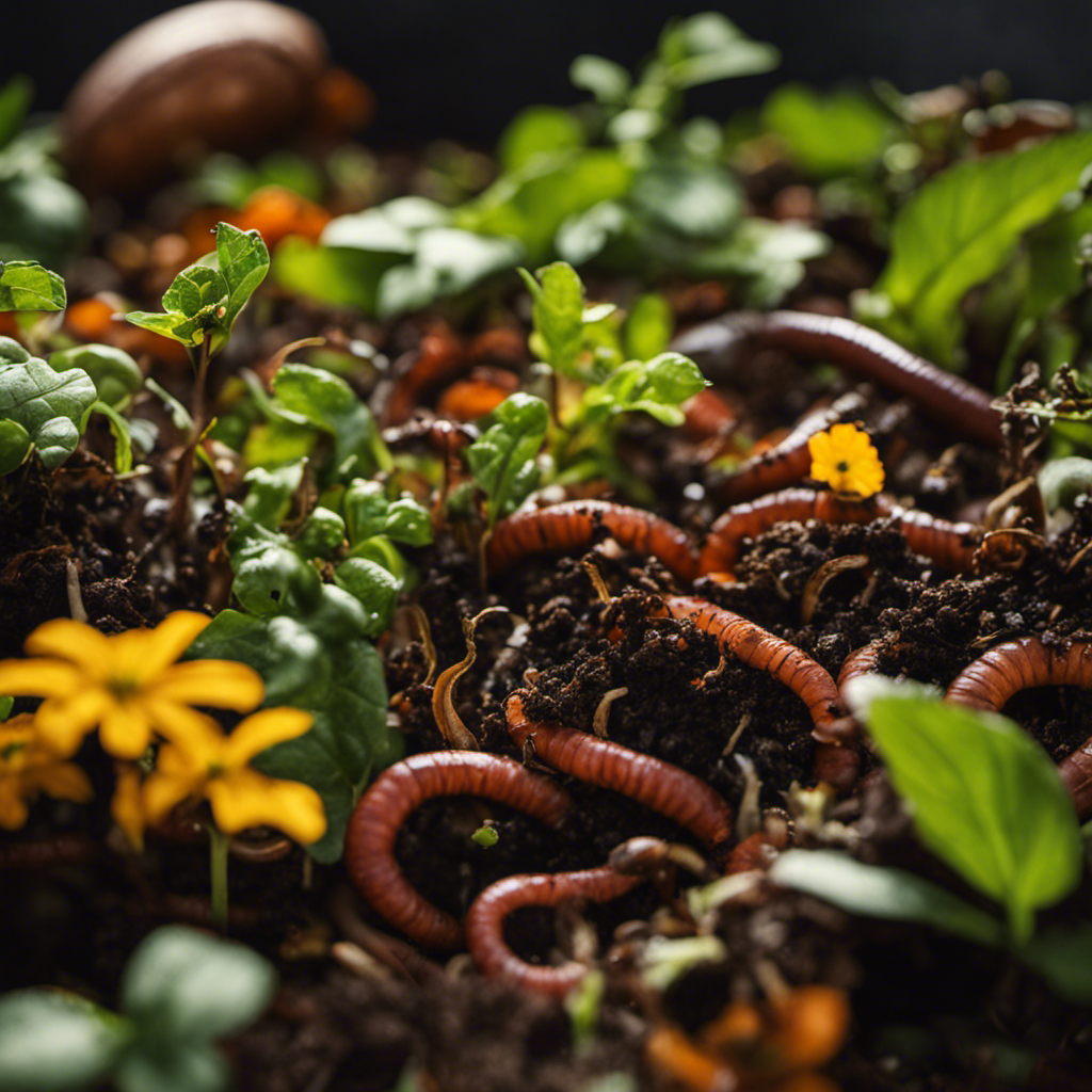 An image capturing a lush, thriving garden bed layered with decomposing leaves, kitchen scraps, and grass clippings, forming a nutrient-rich compost pile