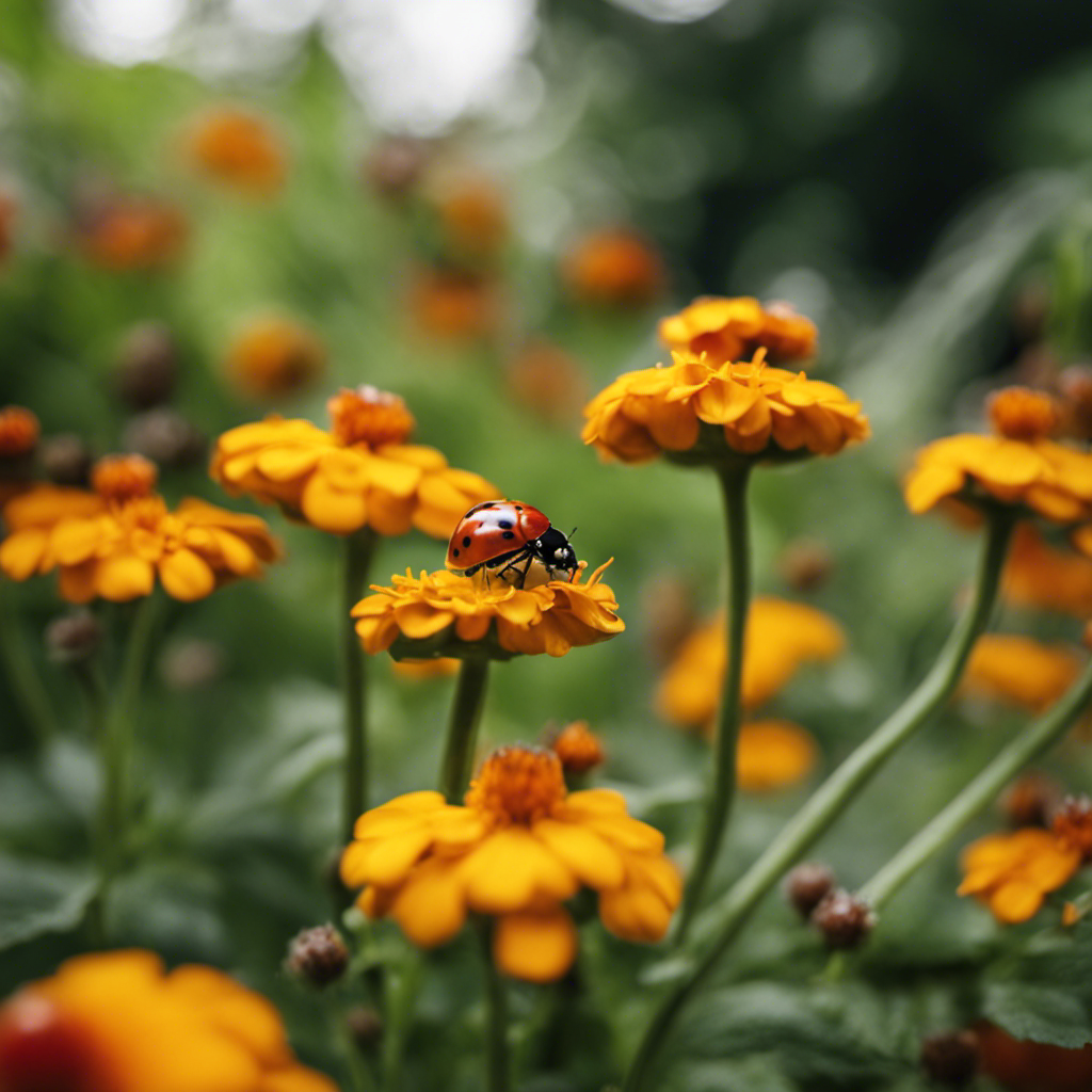 An image showcasing an organic garden with ladybugs feasting on aphids, marigolds blooming beside basil, while a homemade garlic spray repels pests