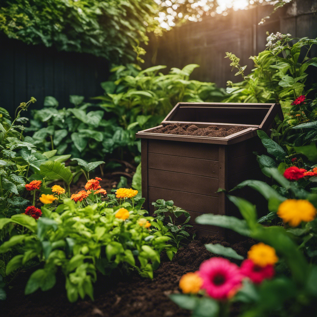 An image of a lush garden with a compost bin tucked in the corner, surrounded by vibrant green plants and colorful flowers