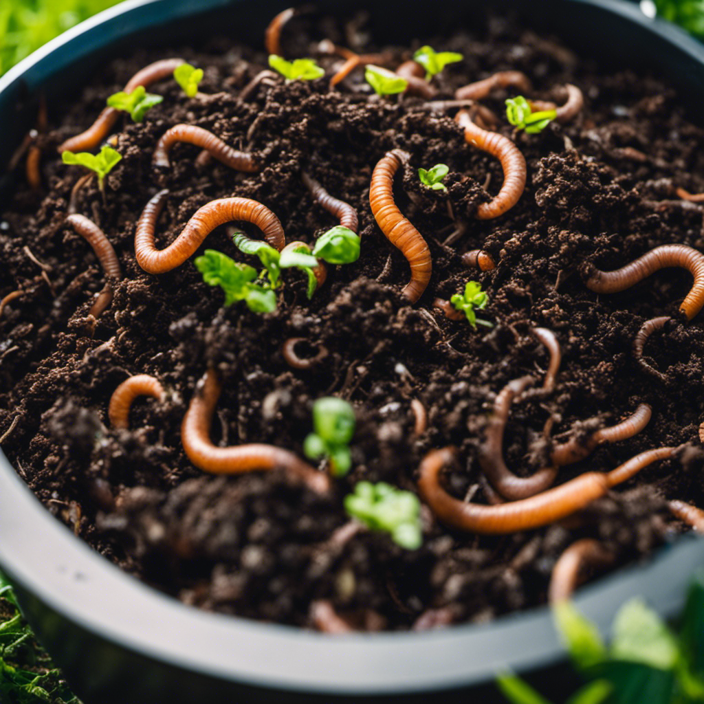 An image showcasing a lush, thriving organic farm with nutrient-rich compost piles teeming with earthworms, kitchen scraps, and garden waste, undergoing various composting methods like vermicomposting, hot composting, and aerobic composting