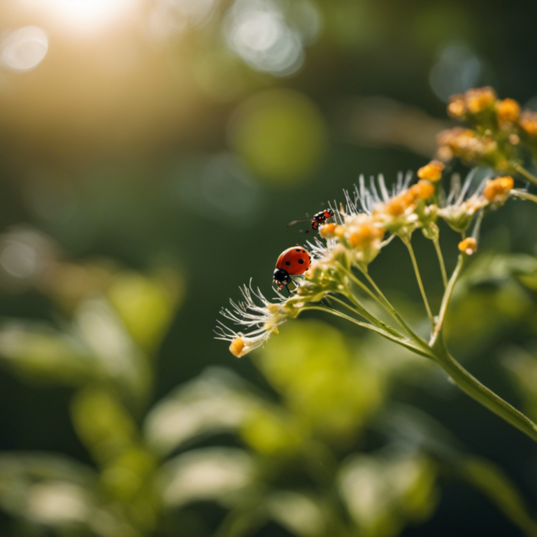 An image showcasing a thriving organic garden, bustling with ladybugs delicately perched on leaves, lacewings patrolling for prey, and spiders weaving intricate webs, capturing pests in a harmonious ecosystem