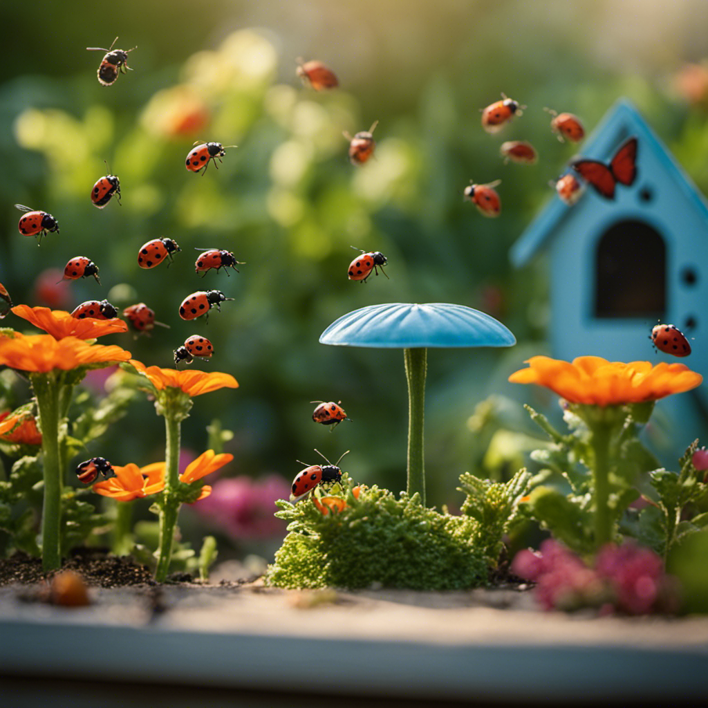 An image showcasing a vibrant, flourishing home garden surrounded by a natural barrier of ladybugs, bees, and butterflies, harmoniously coexisting with thriving plants, providing a serene, pest-free haven